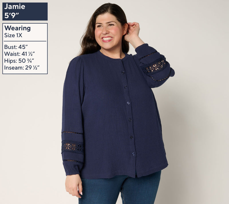 Belle Beach by Kim Gravel Cotton Gauze Ladder Lace Button Up Top — View 14