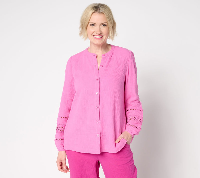 Belle Beach by Kim Gravel Cotton Gauze Ladder Lace Button Up Top — View 4