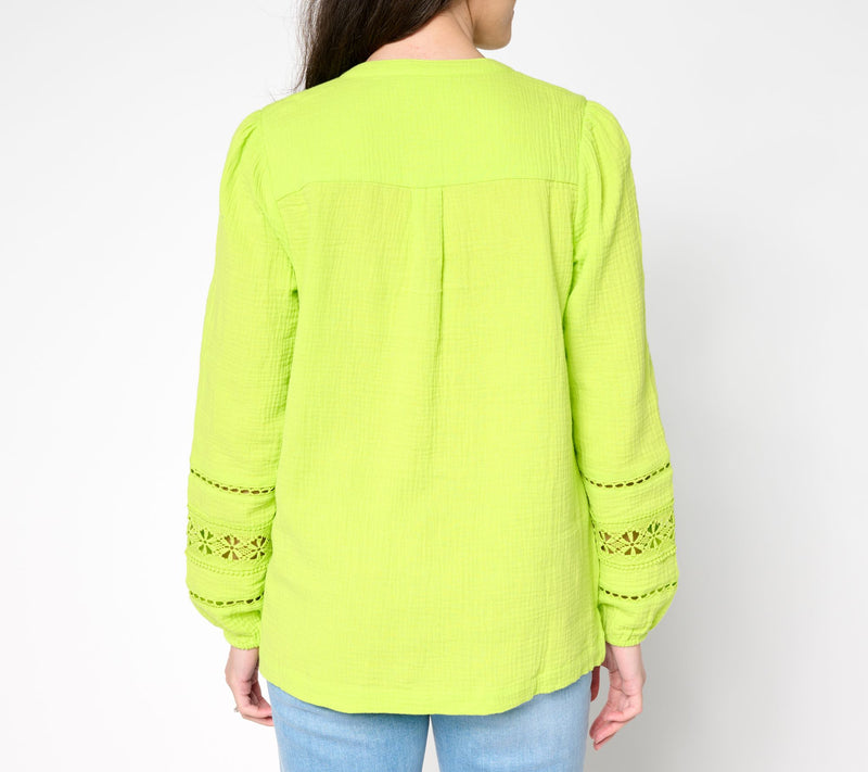 Belle Beach by Kim Gravel Cotton Gauze Ladder Lace Button Up Top — View 16
