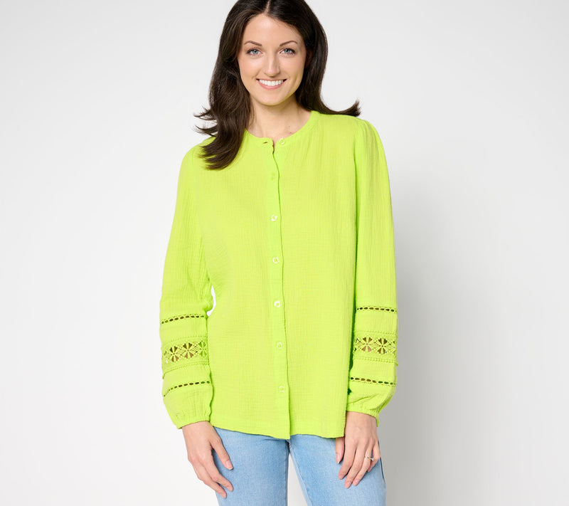 Belle Beach by Kim Gravel Cotton Gauze Ladder Lace Button Up Top — View 13