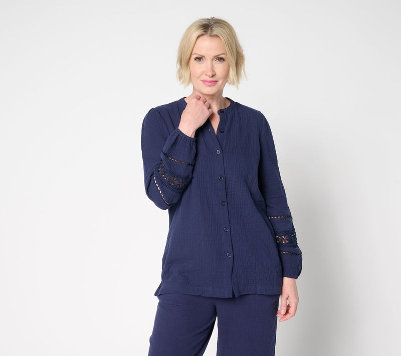 Belle Beach by Kim Gravel Cotton Gauze Ladder Lace Button Up Top — View 10
