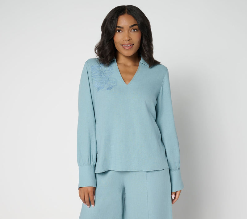 Peace Love World Boheme Embroidered Linen Blend Popover Blouse — View 13