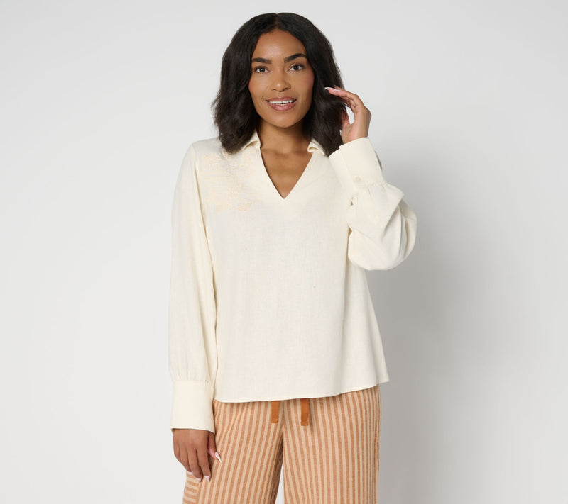 Peace Love World Boheme Embroidered Linen Blend Popover Blouse — View 14