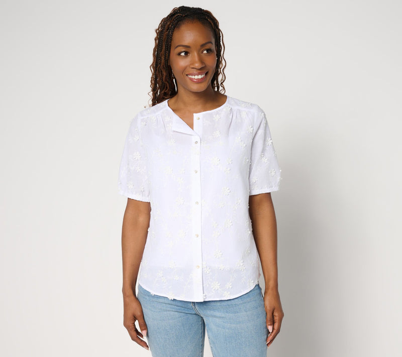 nicole by Nicole Miller 100% Cotton Floral Applique Shirt — View 3