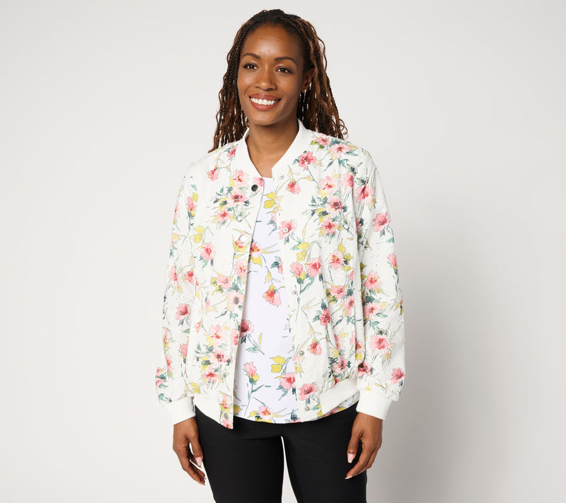 nicole by Nicole Miller 100% Cotton Printed Eyelet Bomber Jacket — View 10