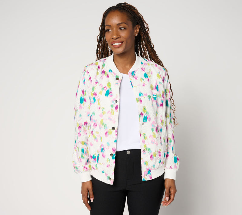 nicole by Nicole Miller 100% Cotton Printed Eyelet Bomber Jacket — View 11