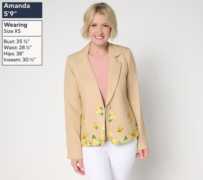 Isaac Mizrahi Live! Linen Blend Border Print Single Breasted Blazer — View 9