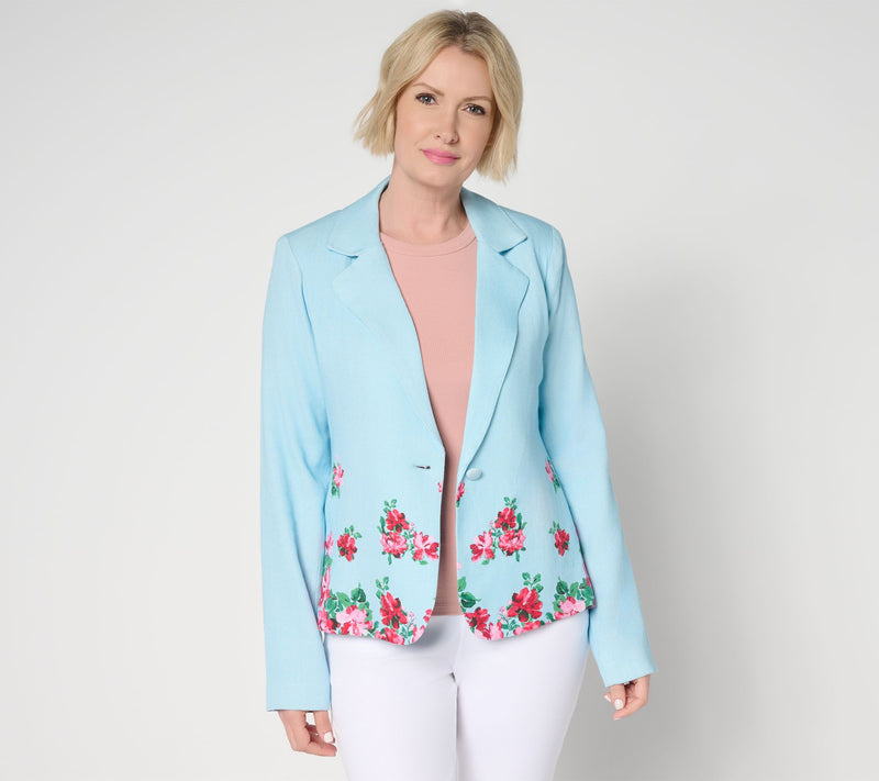 Isaac Mizrahi Live! Linen Blend Border Print Single Breasted Blazer — View 5