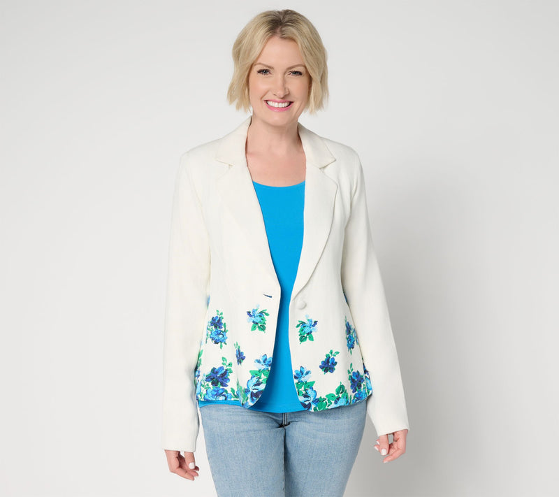 Isaac Mizrahi Live! Linen Blend Border Print Single Breasted Blazer — View 3