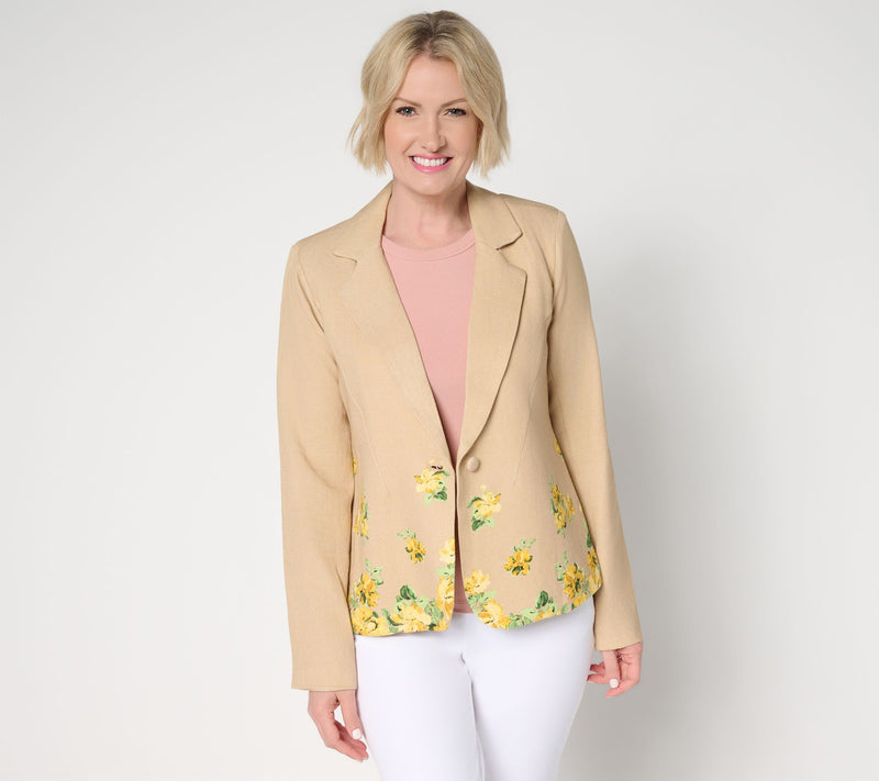 Isaac Mizrahi Live! Linen Blend Border Print Single Breasted Blazer — View 7