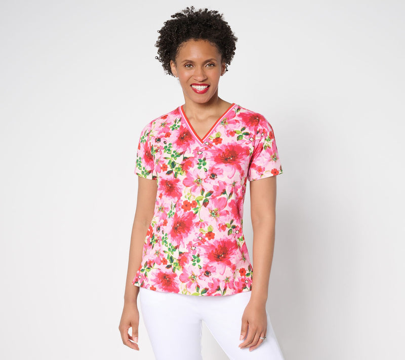 Isaac Mizrahi Live! Printed V-Neck Short Sleeve Top — Main view