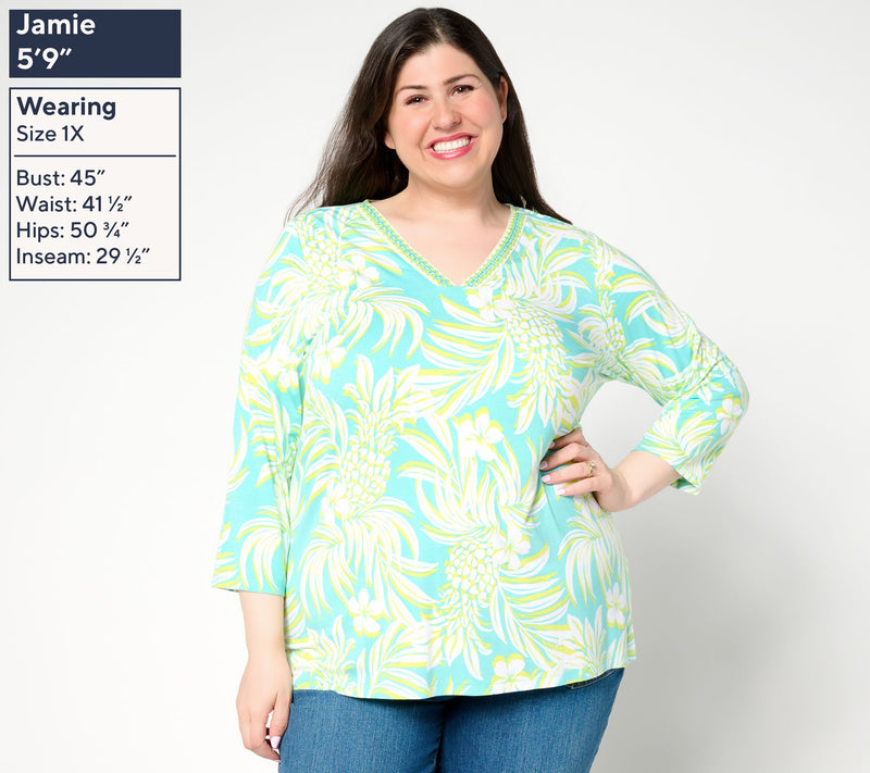 Belle by Kim Gravel Rayon Spandex Pineapple Palm Trim Top — View 2