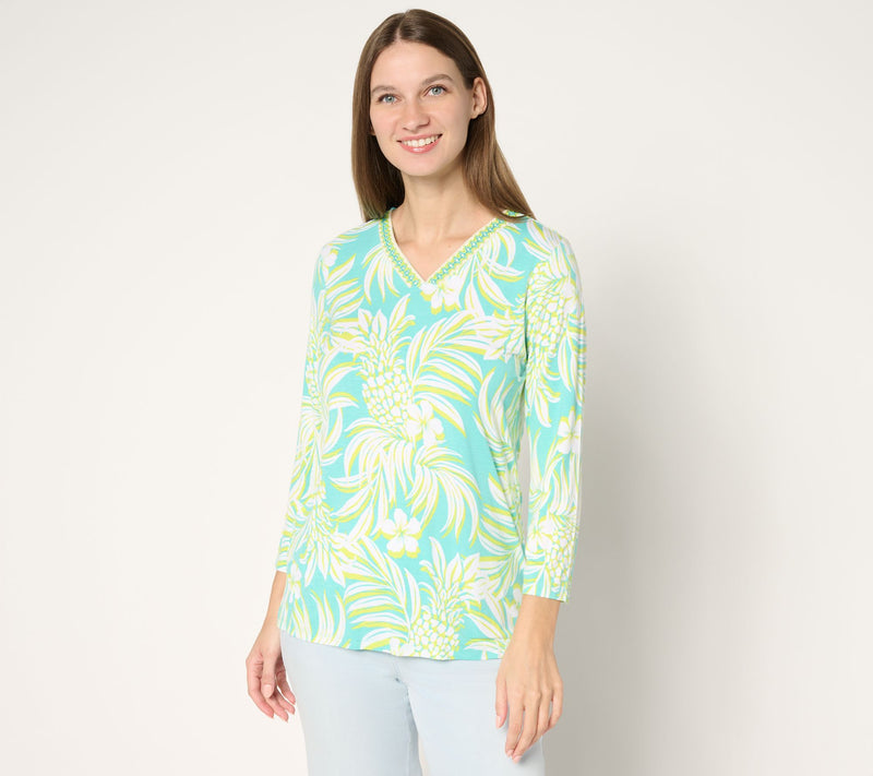 Belle by Kim Gravel Rayon Spandex Pineapple Palm Trim Top — View 11