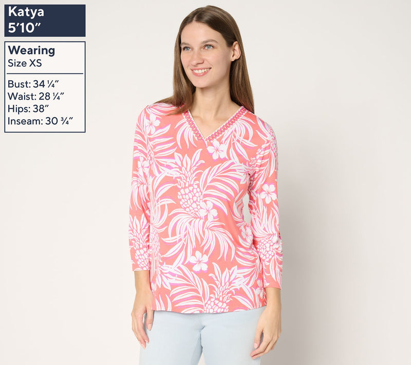 Belle by Kim Gravel Rayon Spandex Pineapple Palm Trim Top — View 3