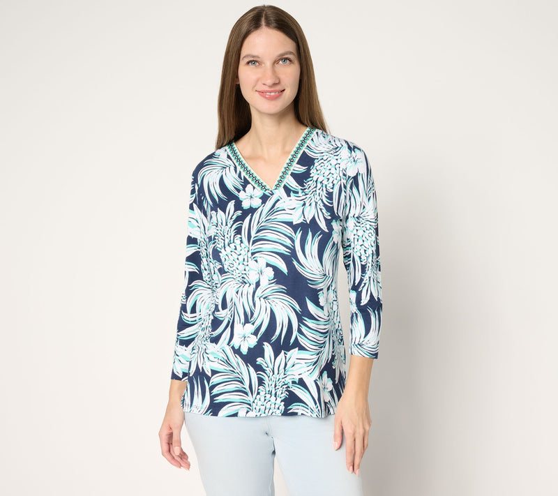 Belle by Kim Gravel Rayon Spandex Pineapple Palm Trim Top — View 13