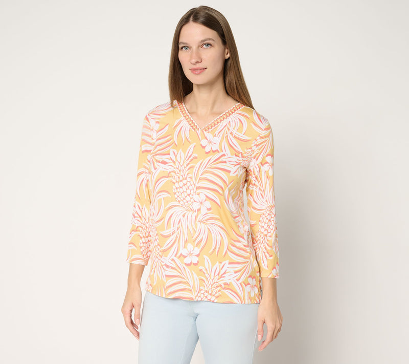 Belle by Kim Gravel Rayon Spandex Pineapple Palm Trim Top — View 14