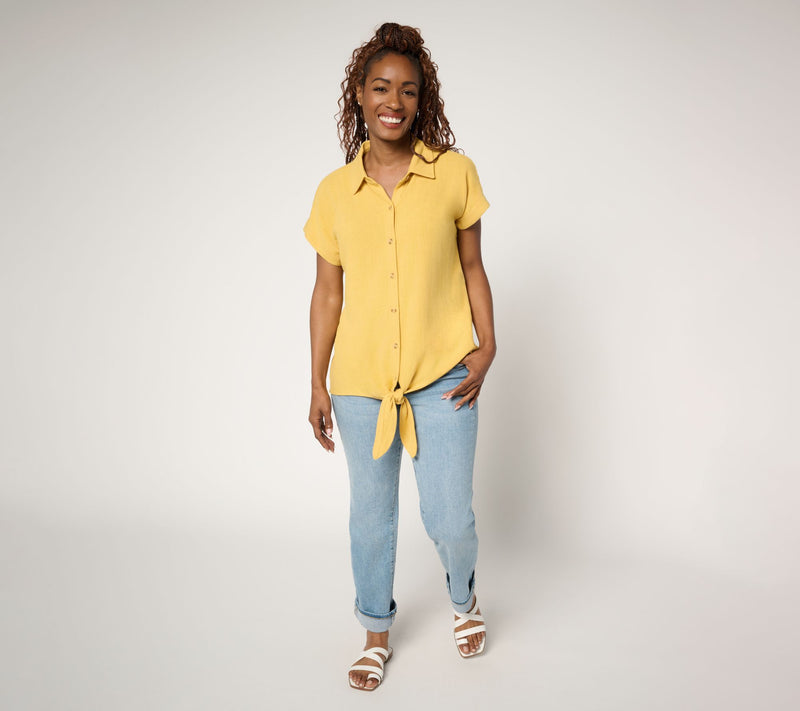 Belle by Kim Gravel Riviera Linen Short Sleeve Tie Front Top — View 5
