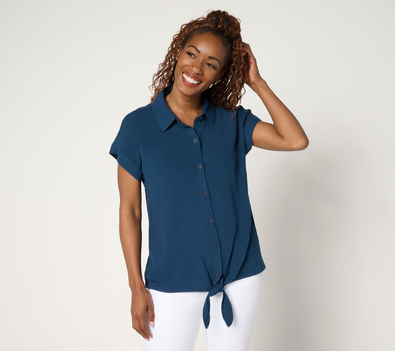 Belle by Kim Gravel Riviera Linen Short Sleeve Tie Front Top — View 13