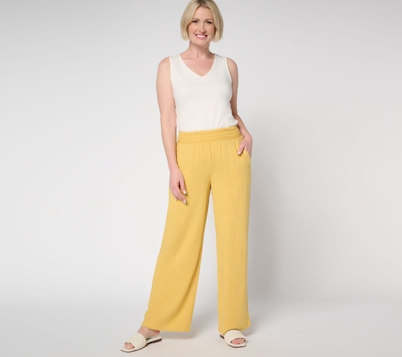 Belle by Kim Gravel Regular Riviera Linen Smocked Waist Wide Leg Pant — View 15