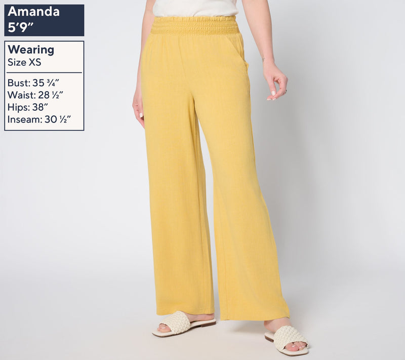 Belle by Kim Gravel Regular Riviera Linen Smocked Waist Wide Leg Pant — View 13