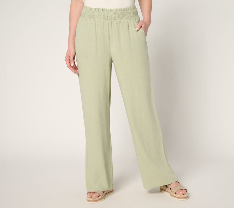 Belle by Kim Gravel Regular Riviera Linen Smocked Waist Wide Leg Pant — View 3