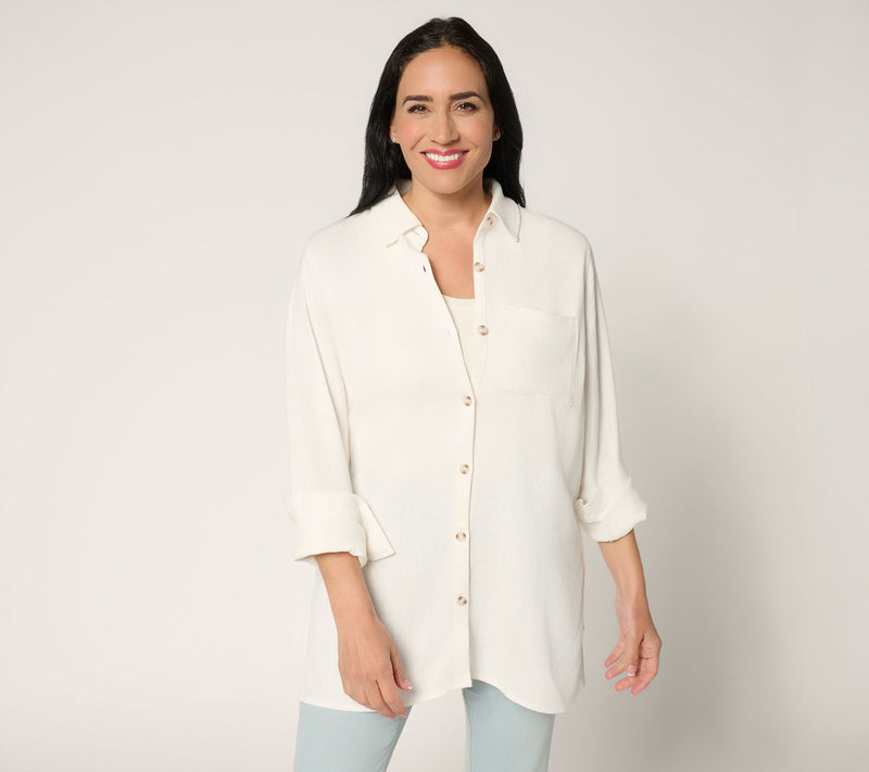 Belle by Kim Gravel Regular Riviera Linen Button Up Big Shirt — View 5