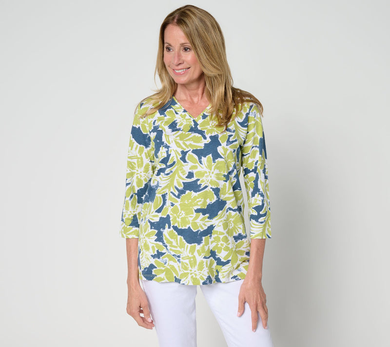 Belle by Kim Gravel TripleLuxe Linen French Floral V-Neck — View 11