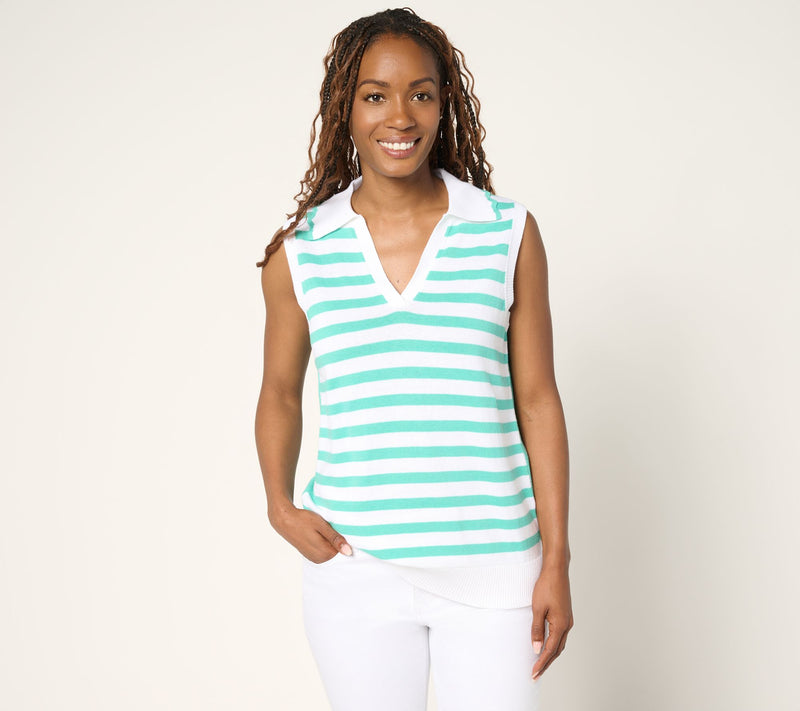 Belle by Kim Gravel Striped Front Solid Back Sweater Polo — View 13