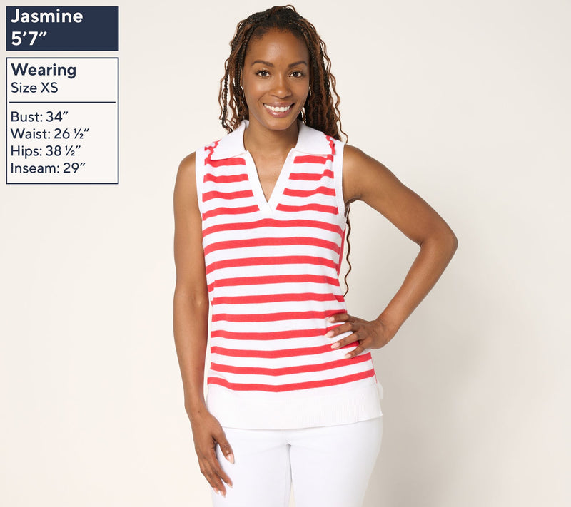 Belle by Kim Gravel Striped Front Solid Back Sweater Polo — View 3