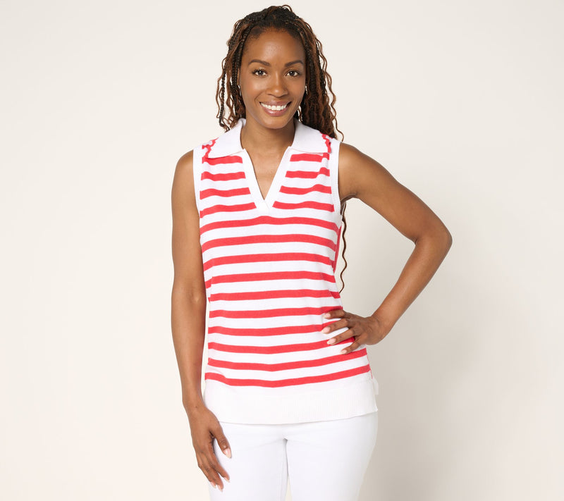 Belle by Kim Gravel Striped Front Solid Back Sweater Polo — View 14