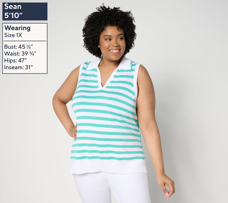 Belle by Kim Gravel Striped Front Solid Back Sweater Polo — View 2