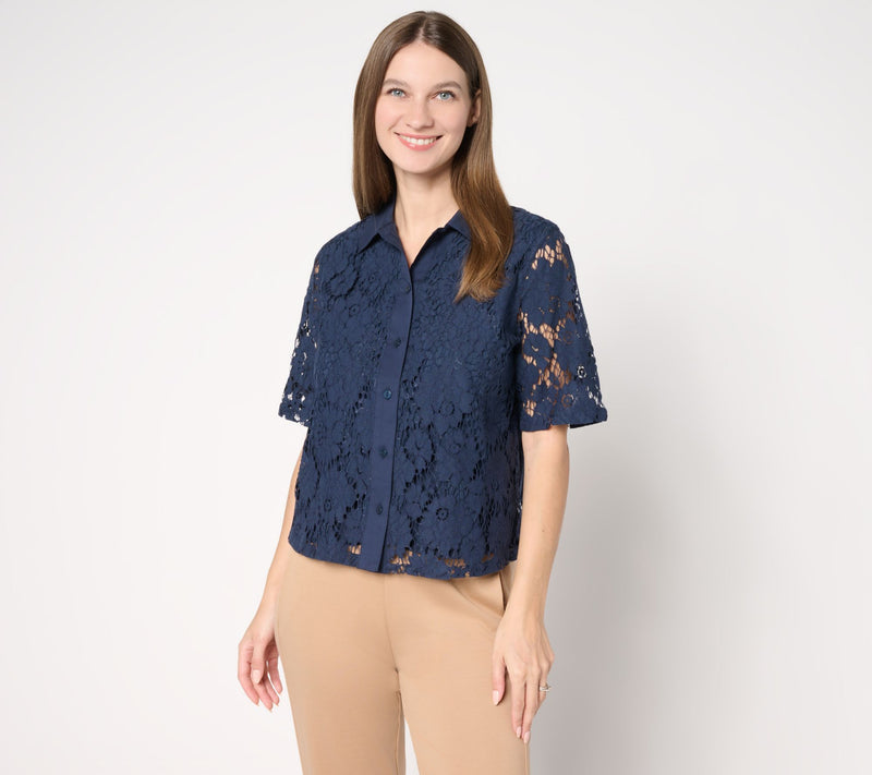 by Stacy London Short Sleeve Button Front Lace Camp Shirt — View 8