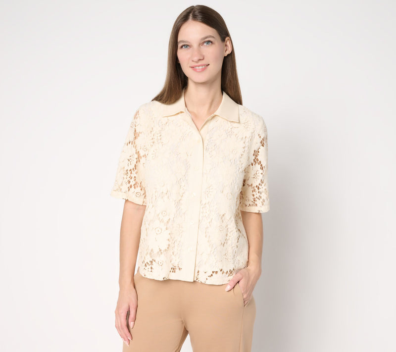 by Stacy London Short Sleeve Button Front Lace Camp Shirt — View 9