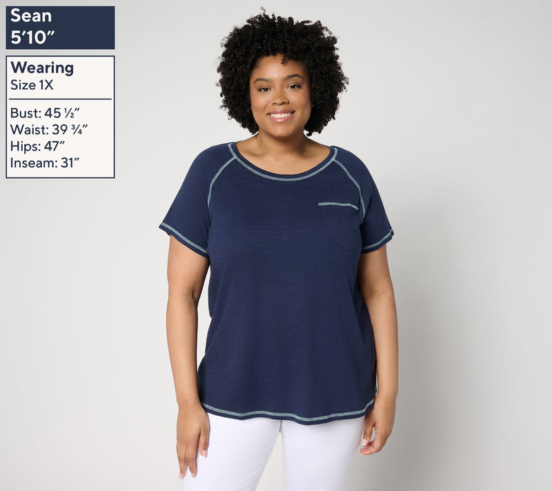 Belle Body by Kim Gravel Slub Knit Pop of Color Topstitched Top — View 2