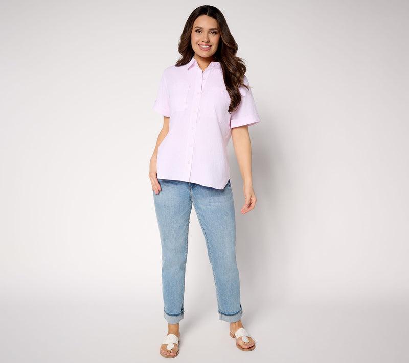 Joan Rivers Striped Seersucker Short Sleeve Button Front — View 5