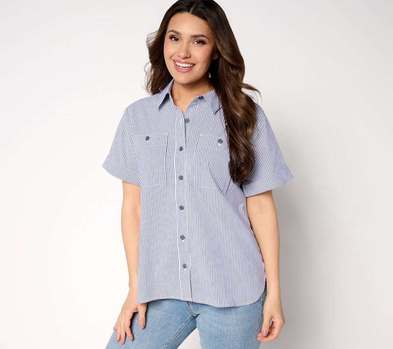 Joan Rivers Striped Seersucker Short Sleeve Button Front — View 10