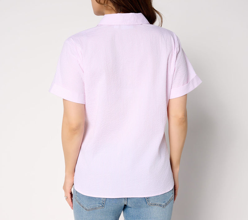 Joan Rivers Striped Seersucker Short Sleeve Button Front — View 4