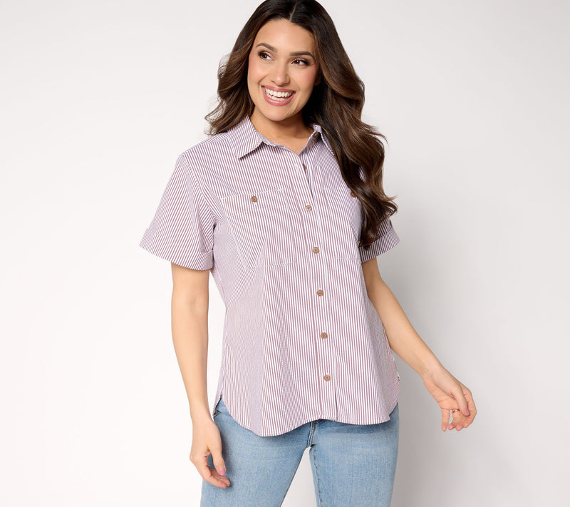 Joan Rivers Striped Seersucker Short Sleeve Button Front — View 11