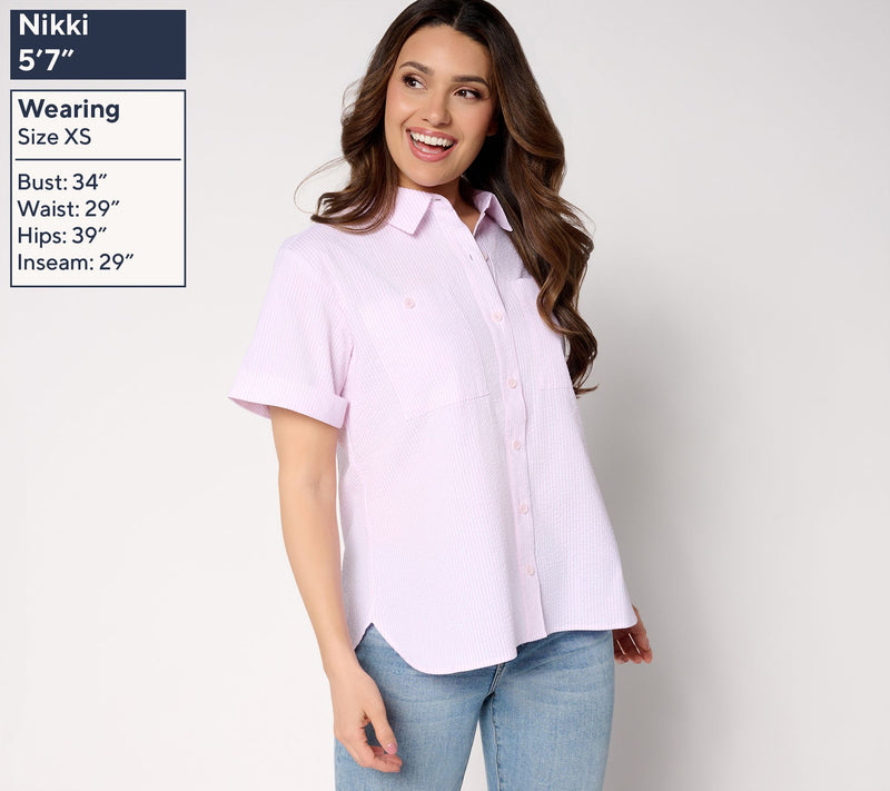 Joan Rivers Striped Seersucker Short Sleeve Button Front — View 3