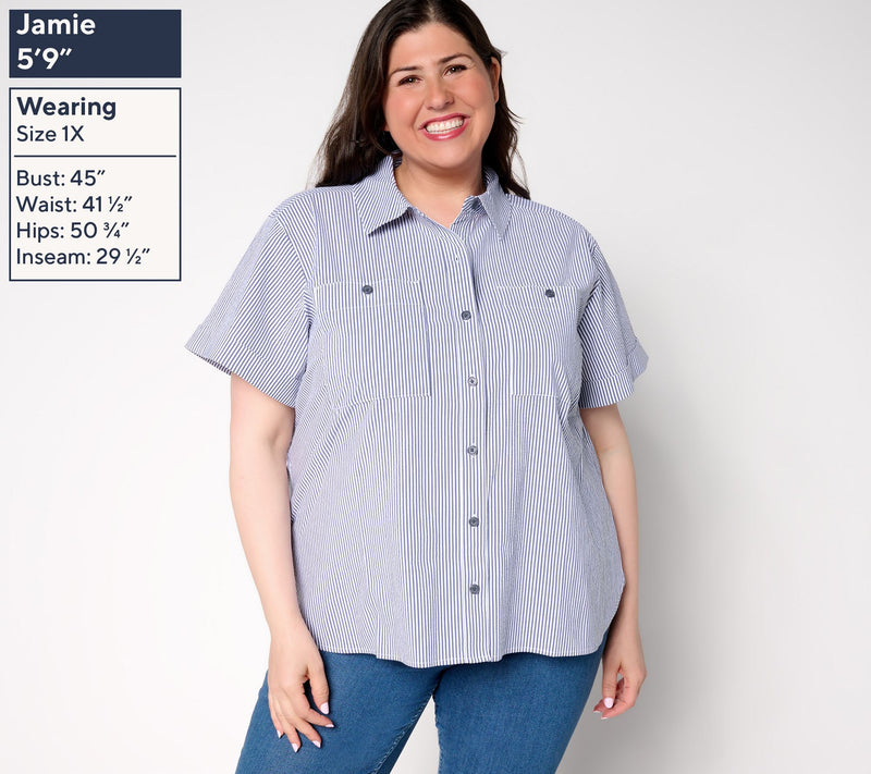 Joan Rivers Striped Seersucker Short Sleeve Button Front — View 2