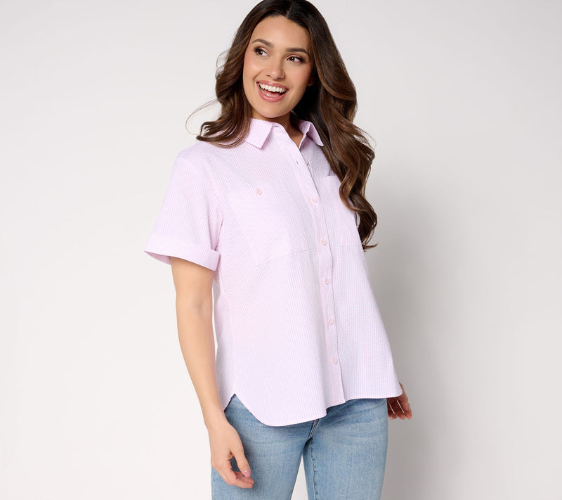 Joan Rivers Striped Seersucker Short Sleeve Button Front — View 12