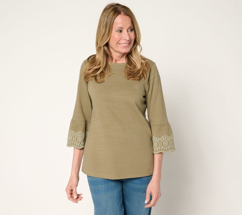 Denim & Co. Textured Cotton Boat Neck 3/4 Sleeve Embroidered Top — Main view