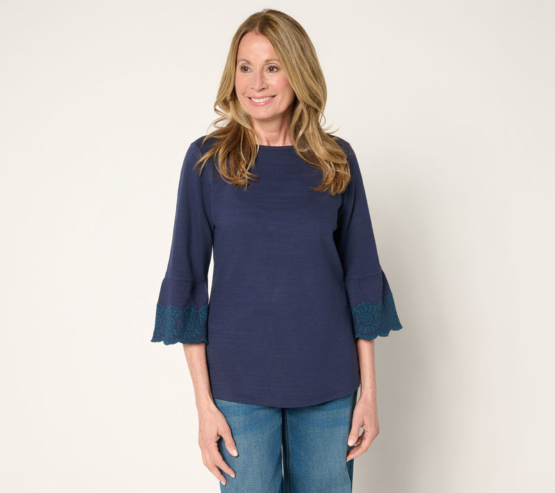 Denim & Co. Textured Cotton Boat Neck 3/4 Sleeve Embroidered Top — View 10