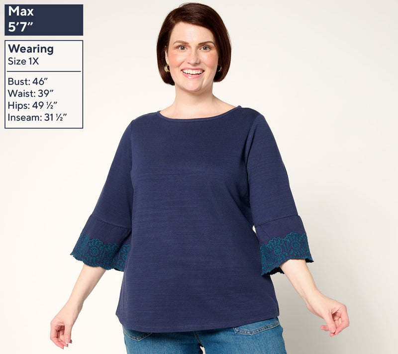 Denim & Co. Textured Cotton Boat Neck 3/4 Sleeve Embroidered Top — View 2