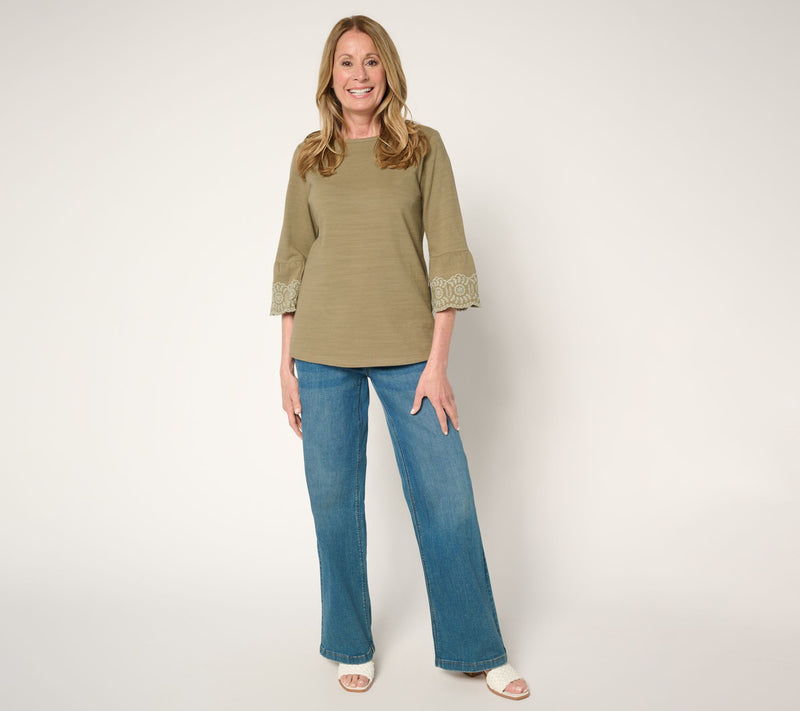 Denim & Co. Textured Cotton Boat Neck 3/4 Sleeve Embroidered Top — View 5