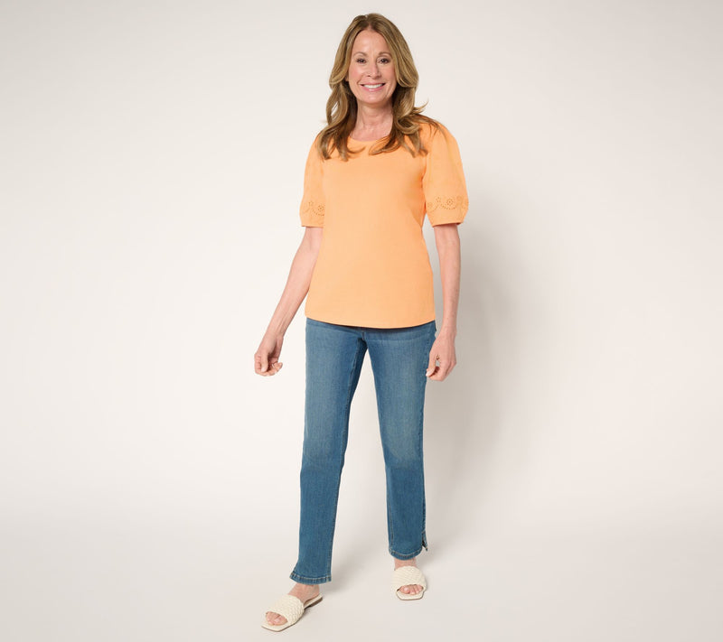 Denim & Co. 100% Cotton Embroidered Puff Sleeve Scoop Neck Top — View 5