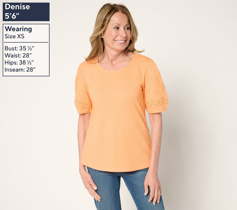 Denim & Co. 100% Cotton Embroidered Puff Sleeve Scoop Neck Top — View 3