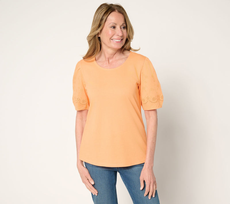 Denim & Co. 100% Cotton Embroidered Puff Sleeve Scoop Neck Top — View 10