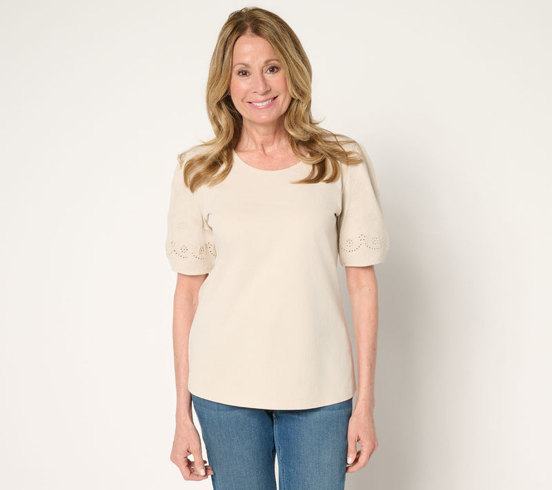 Denim & Co. 100% Cotton Embroidered Puff Sleeve Scoop Neck Top — View 12
