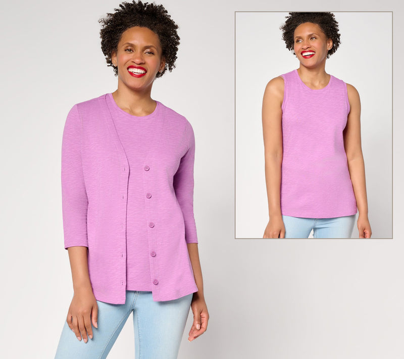 Denim & Co. Essentials Linen Blend Cardigan/Tank Set — Main view
